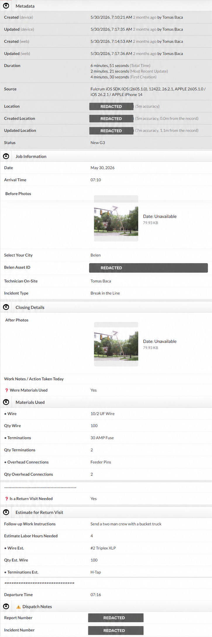 Completed Fulcrum G3 Incident Report showing mobile record metadata, location, asset and technician fields, before-and-after photos, multiple materials with quantities, conditional return-visit planning, labor estimates, follow-up instructions, departure time, and dispatch references, with sensitive identifiers redacted.
