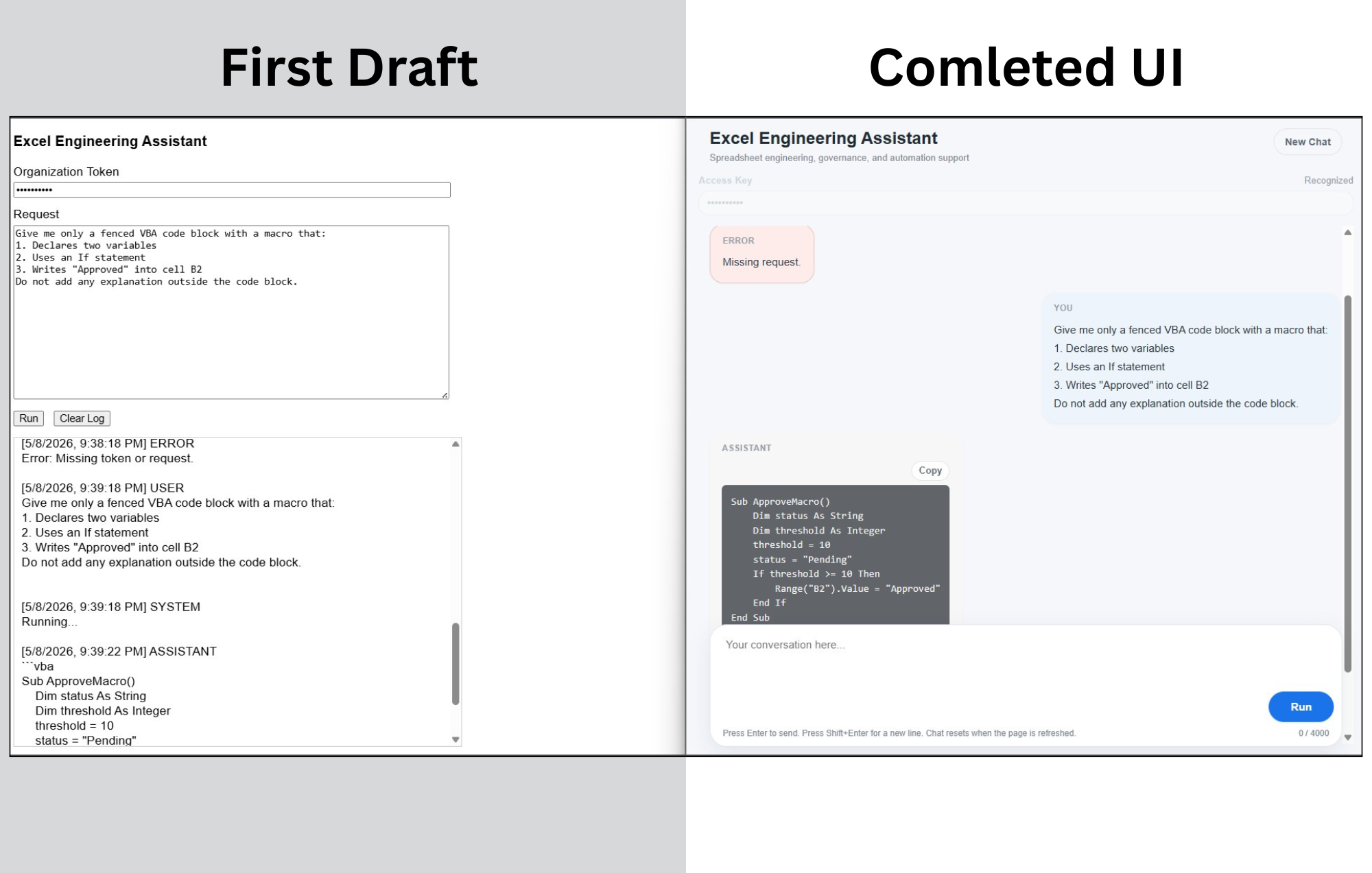 First draft and completed UI comparison for the Excel Governance Engineering Assistant