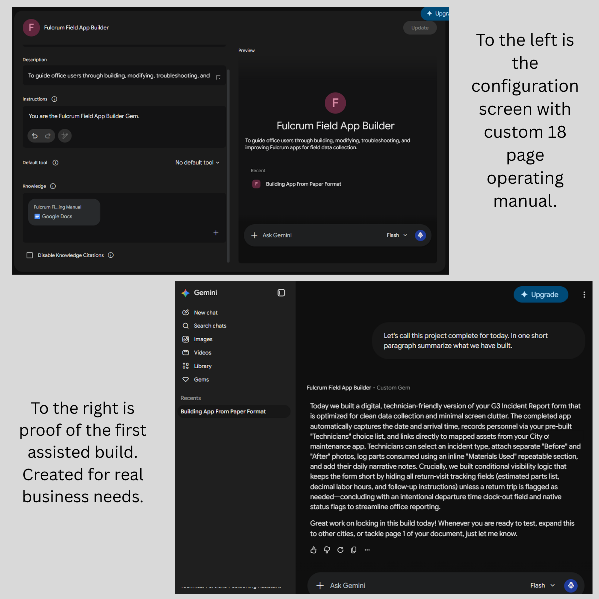 Fulcrum Field App Builder Gem proof showing custom Gemini assistant configuration and first assisted build response
