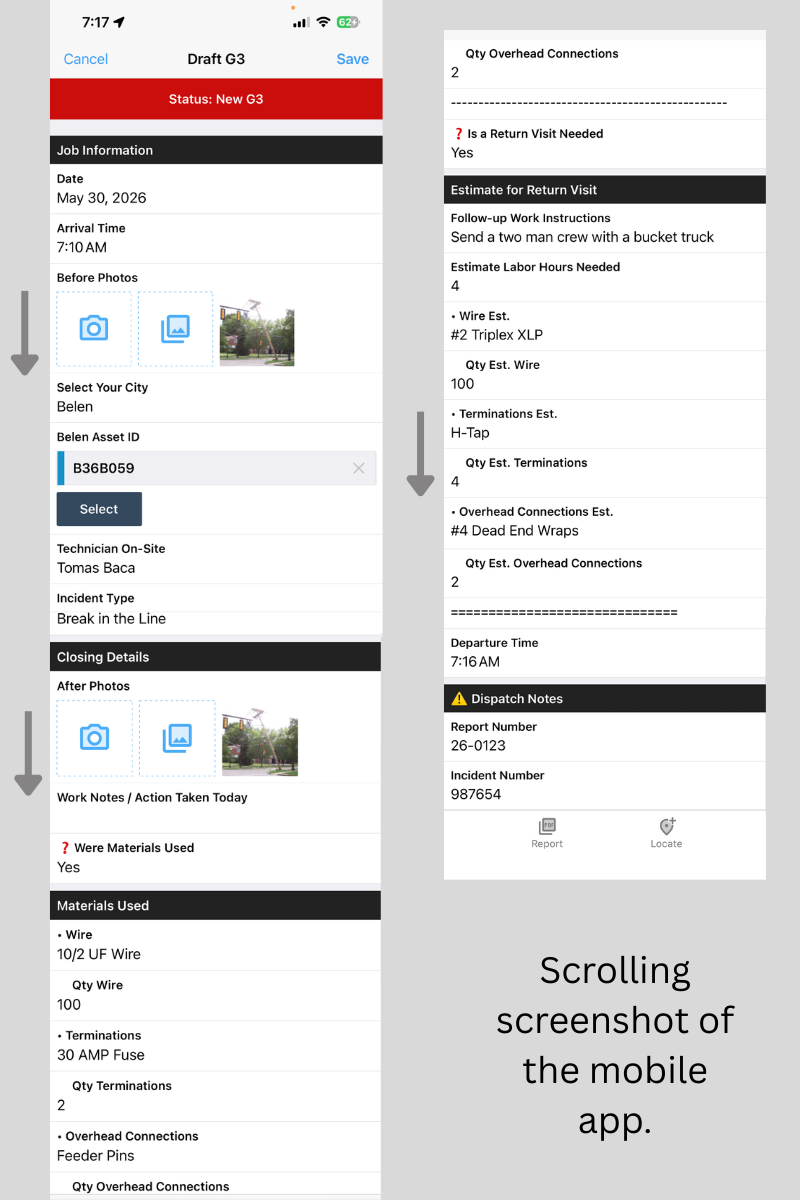 Fulcrum G3 mobile app scrolling screenshot showing job information, photos, material fields, return visit logic, and dispatch notes