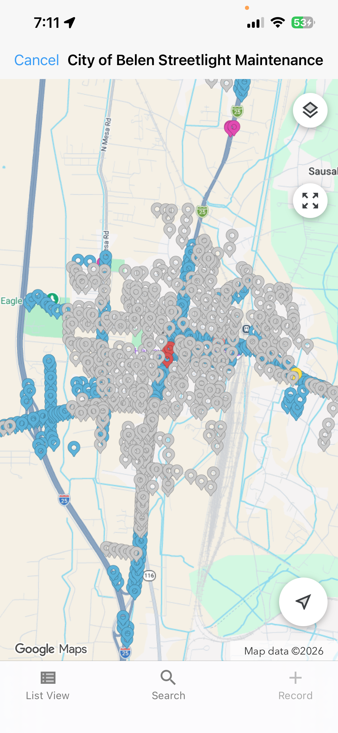 Fulcrum mobile asset map view for City of Belen Streetlight Maintenance with mapped asset pins