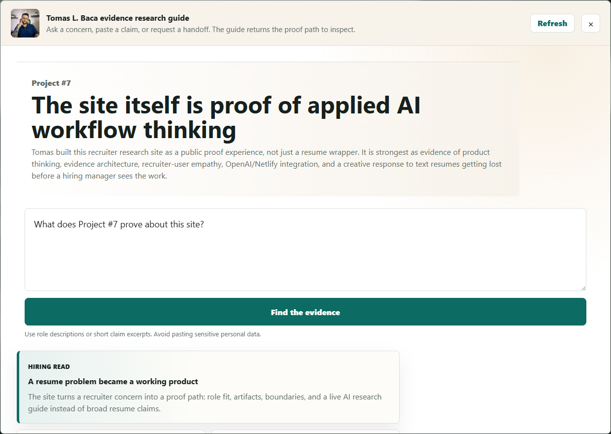 Project record image showing the live site as an OpenAI-backed recruiter research experience