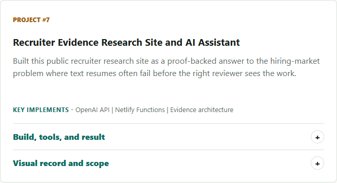 Tomas L. Baca recruiter site homepage showing role fit and project record sections