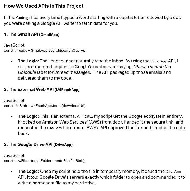 API detail proof explaining GmailApp, UrlFetchApp, and DriveApp usage in the report ingestion workflow