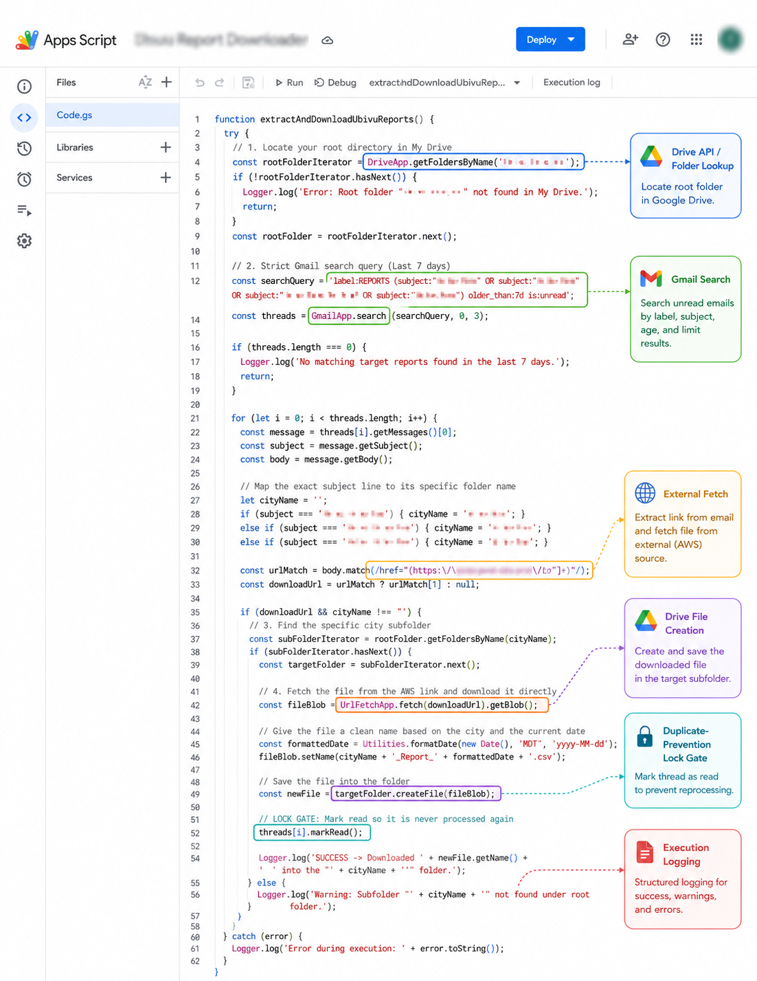 Annotated Gmail to Drive automation code screenshot